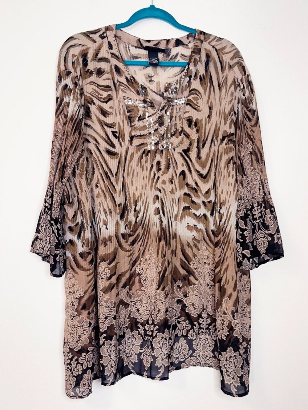 Maggie Barnes 2X Animal Print Boho Tunic Top Embellished Sheer Overlay Swim